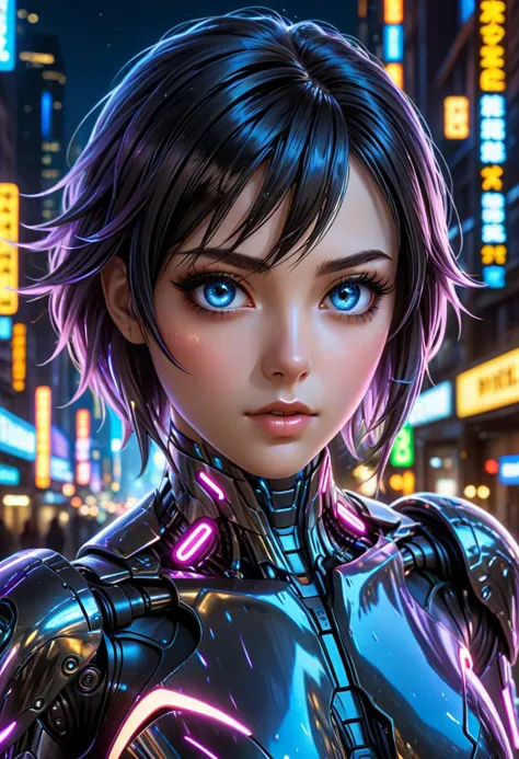 anime artwork cybernetic robot, breathtaking In this breathtaking world of Battle Angle at night, ral-ledlights Alita comes to l...