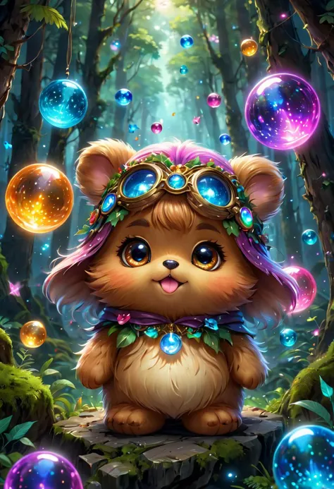 kawaii style an ewok mystic, enchanted forrest, colorful ethereal orbs floating in the air,  <lora:SDXLFaeTastic2400:0.3>,  <lor...