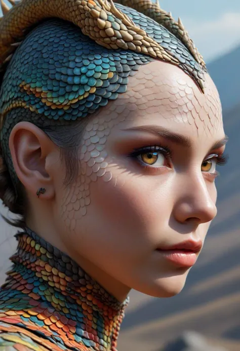 Surrealist art stunning young woman, human dragon hybrid, extreme close-up, covered in multicolored matte reptile scales as skin...