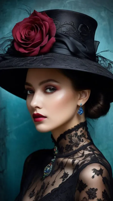 a woman wearing a black hat with a red rose on it