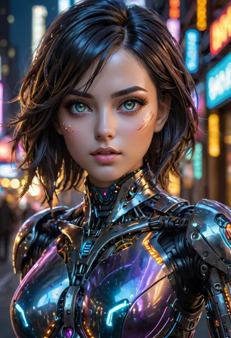 robot cybernétique à couper le souffle Dans ce monde à couper le souffle de Battle Angle la nuit, ral-ledlights Alita prend vie dans une superbe adaptation. Courir vers le spectateur, elle attire l&#39;attention, révélant chaque courbe et ligne de sa forme athlétique maigre. Son expression charmante et déterminée. Les néons qui la baignent d&#39;une lueur chaleureuse. Elle conserve le même sang-froid qui a fait d&#39;elle un personnage si emblématique. Contraste élevé, couleurs vives, intégration:, yeux extrêmement grands et détaillés. L&#39;effet global est une image époustouflante qui capture le style de Chris Cold et Jason Edmiston., . Android, IA, Machine, Métal, fils, technologie, futuriste, très détaillé,