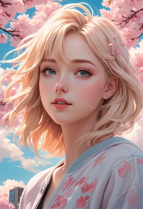 manga style 3d manga style, Enchanting beauty of a young woman, adrift amongst heart shaped clouds, reminiscent of photorealisti...