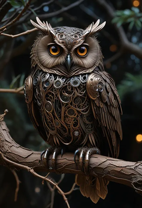 A stunningly intricate mechanical steampunk owl perches gracefully on a gnarled tree branch, veiled in darkness, its piercing ga...