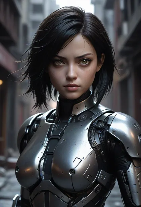 cinematic film still cybernetic robot gritty world of Battle Angel, cyborg Alita, cowboy shot, hyper-realistic skin, inner glow,...