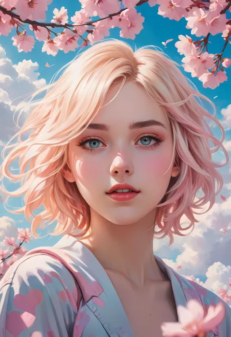 manga style Enchanting beauty of a young woman, adrift amongst heart shaped clouds, reminiscent of photorealistic urban scenes a...