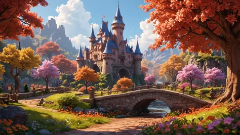 landscape of a fantastic realm, where the castle and houses are crafted from sugary delights, a dreamlike, vibrantly colorful, a...
