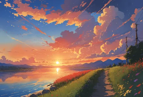 Muitas cores listram o céu para o leste, ascender, então repita, por estúdio ghibli, por Makoto Shinkai, anime, arte digital, ótima iluminação, iluminação de aro, Estilo de arte Dreamyvibes
