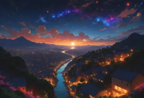 paisaje urbano, Paisaje místico, circular, atrevido, Estético, humanoid, complejo, dark, estrellas, Noche, Muchos colores surcan el cielo hacia el Este, elevar, luego repite, por Estudio Ghibli, por Makoto Shinkai, animado, arte digital, Estilo artístico Dreamyvibes
