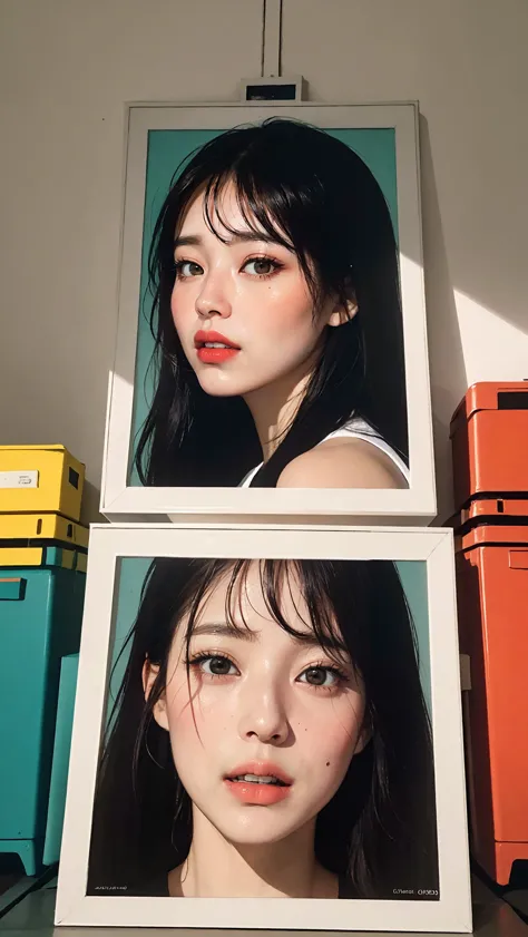 two framed photos of a woman with long hair and a white top