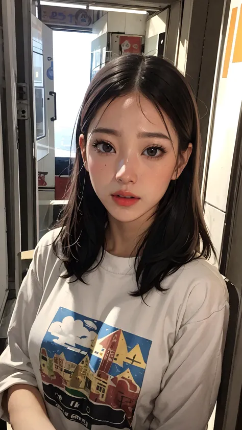 a close up of a woman with long hair wearing a white shirt