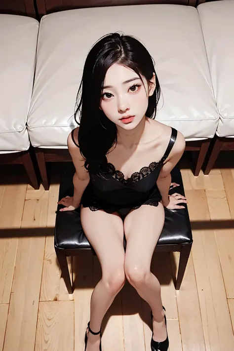 araffe asian woman in black lingerie sitting on a chair