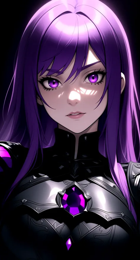 centered, upper body, award winning upper body portrait, (upper body:1.2), (detailed face), (beautiful detailed eyes:1.2), | solo, woman, purple hair color, light purple eyes, (black leather armor), | symetrical and detailed armor, | (dark fantasy) celtic castle, dark vibe, | depht of field, | dark atmosphere, | hyperealistic shadows, smooth detailed, |