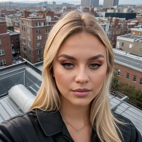 a woman with blonde hair and a black jacket standing on a roof