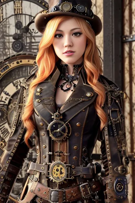 a close up of a woman wearing a steam punk outfit