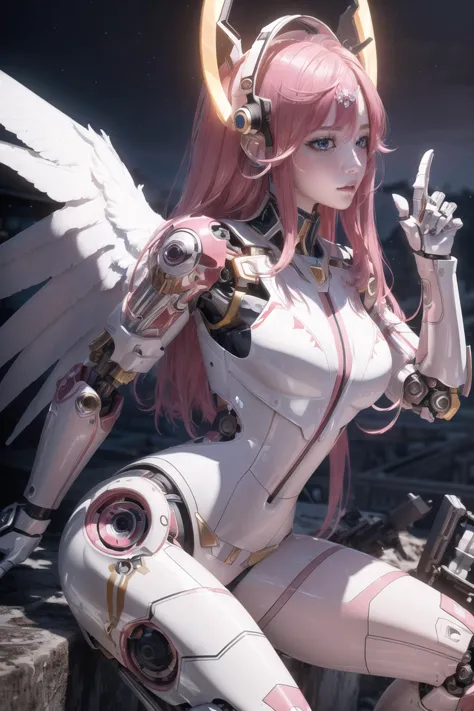 masterpiece, human face, ((angel halo)), psychedelic, mecha musume, mechanical parts, robot joints, , long pink hair, destroyed ...
