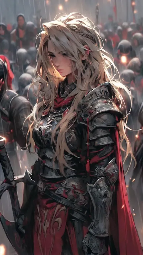 1girl, armor, blurry, blurry background, braid, full armor, holding, holding weapon, long hair, looking at viewer, solo, solo fo...