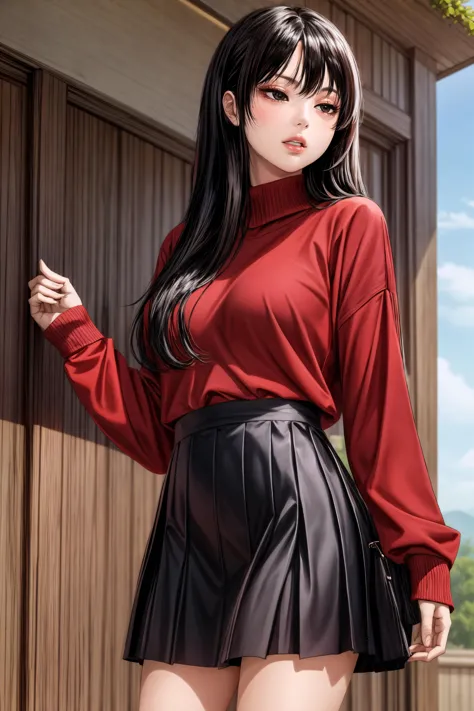 a woman in a red shirt and black skirt posing for a picture