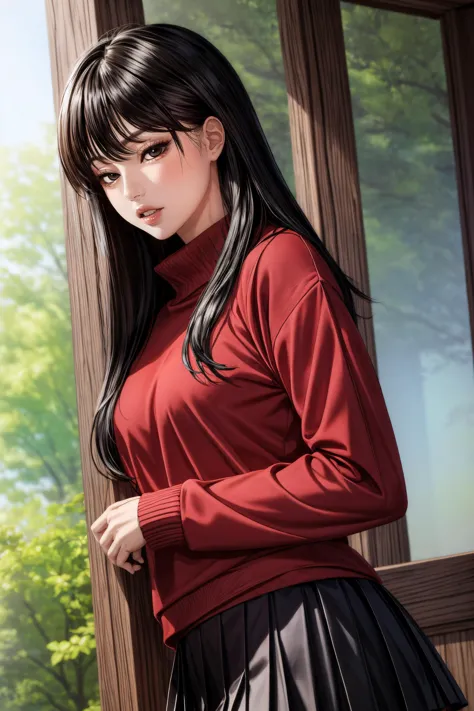 a woman in a red shirt and black skirt standing by a window