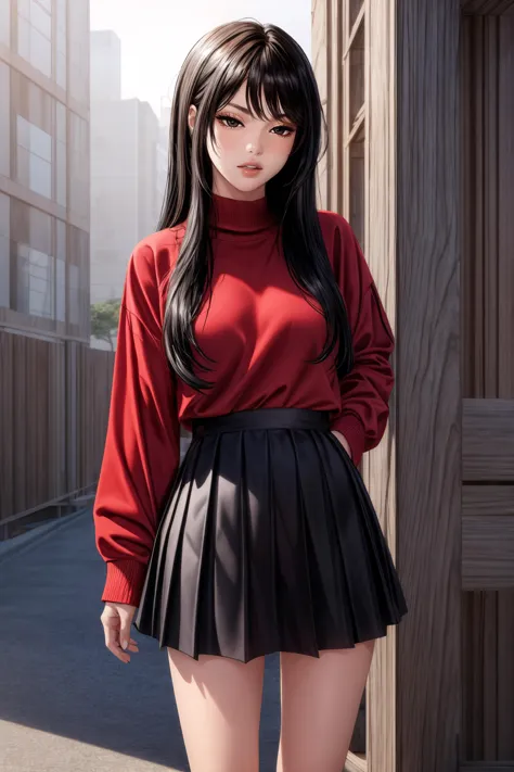 a woman in a red shirt and black skirt standing in front of a building