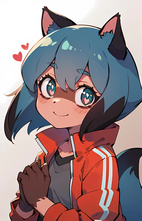 <lora:michiru_kagemori:1>, michiru_kagemori, blue hair, animal ears, red jacket, upper body, tail, [brown colored hands], (heart...