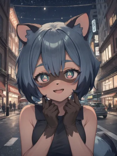 1 girl, raccoon girl, solo, furry,furry female, michiru_kagemori, blue hair,short hair, multicolored eyes, animal nose,triangle shaped nose, animal ears, (tail), bushy tail, two tone skin, brown colored hands,high quality, masterpiece, best quality, happy, looking at viewer, city, night, detailed eyes, eye focus <lora:MichiruV2.1:1>