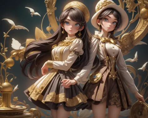 two anime girls in fancy outfits standing next to a clock