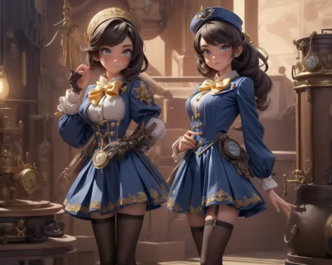 two anime characters dressed in blue and gold outfits standing next to each other