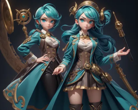 a close up of two anime characters dressed in blue and gold