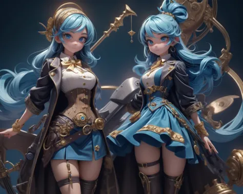 two anime characters dressed in blue and black outfits posing for a picture