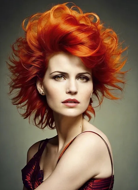 portrait of sks woman by Flora Borsi, style by Flora Borsi, bold, bright colours, orange Mohawk haircut, ((Flora Borsi)), <lora:locon_carla_v1_from_v1_64_32:1.3>