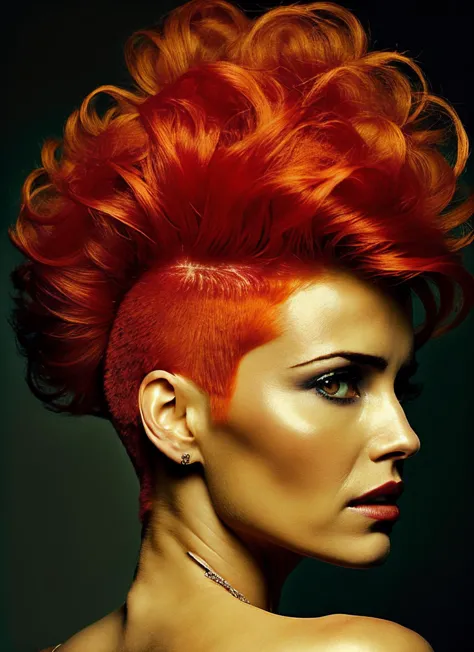 portrait of sks woman by Flora Borsi, style by Flora Borsi, bold, bright colours, orange Mohawk haircut, ((Flora Borsi)), <lora:locon_carla_v1_from_v1_64_32:1.3>