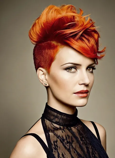 portrait of sks woman by Flora Borsi, style by Flora Borsi, bold, bright colours, orange Mohawk haircut, ((Flora Borsi)), <lora:locon_carla_v1_from_v1_64_32:1.3>