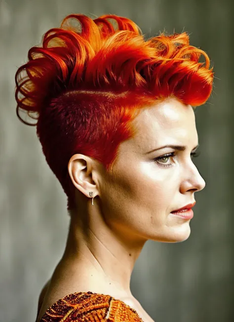 analog style, modelshoot style, portrait of sks woman by flora borsi, style by flora borsi, bold, bright colours, orange mohawk ...