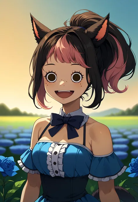 score_9, score_8_up, score_7_up BREAK solo, xivmc, cat girl, NSPikariFace, open mouth, smile, black eyes, big head, empty eyes, animal ears, two-tone hair, freckles, tail, blue dress, bowtie, frills, ribbons, flower field, blue flowers, outdoors,<lora:clamXIVMC_locon-000001:1> <lora:NSPikariFace:1>