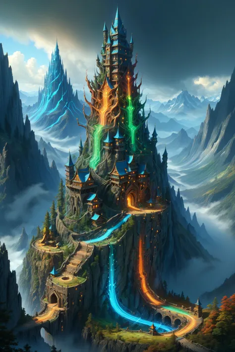 a castle on a mountain with a waterfall in the middle