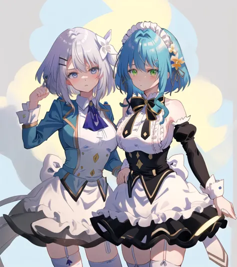 two anime girls in maid dresses standing next to each other