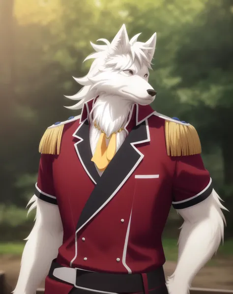 anime character dressed in uniform with a dog in the background