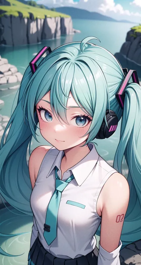 anime girl with blue hair and headphones standing near a body of water