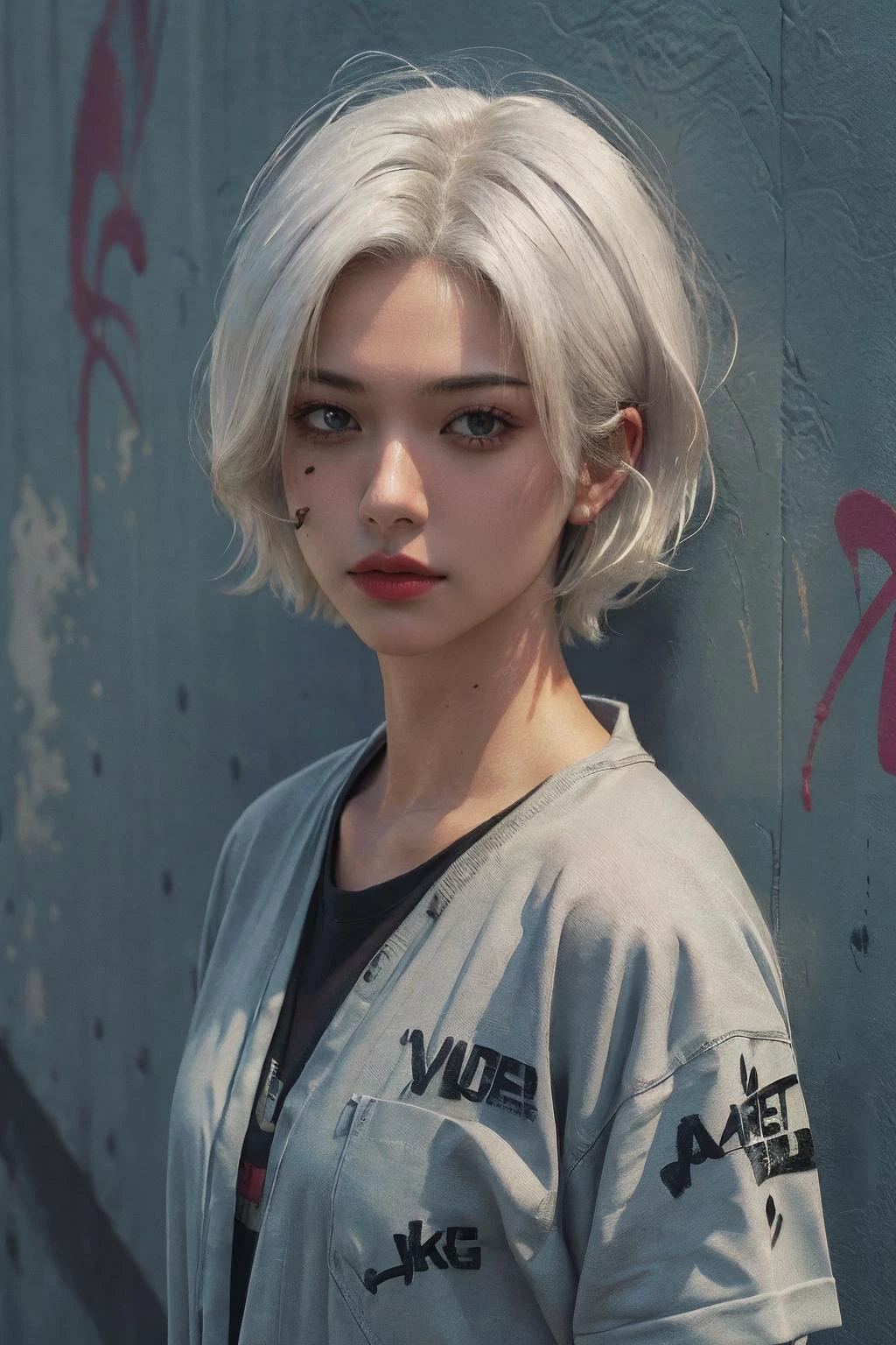 1girl,, looking at viewer,,  (photorealistic, realistic , surreal ), (best quality, highres, 8k, raw best shadow), pigment, white hair, short hair, graffiti_wall, painting brush, 
