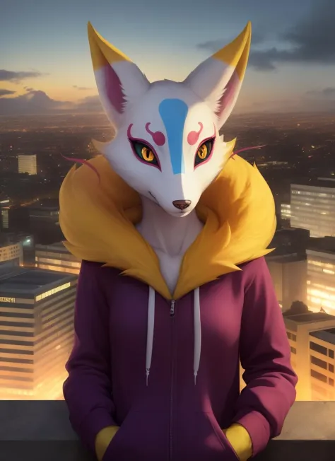 kyubi, furry female anthro, fox girl, portrait,  (hoodie:1.2), fur trim, solo, (body fur:1.2), (best quality), (detailed urban background:1.2), dramatic lighting, (detailed fluffy fur:1.1), looking at viewer,  long sleeves, <lora:kyubi-v1:1>