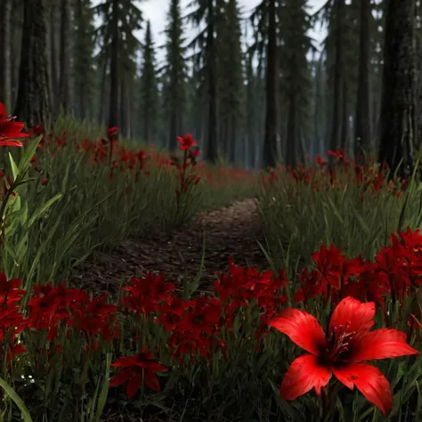 there are many red flowers in the middle of a forest