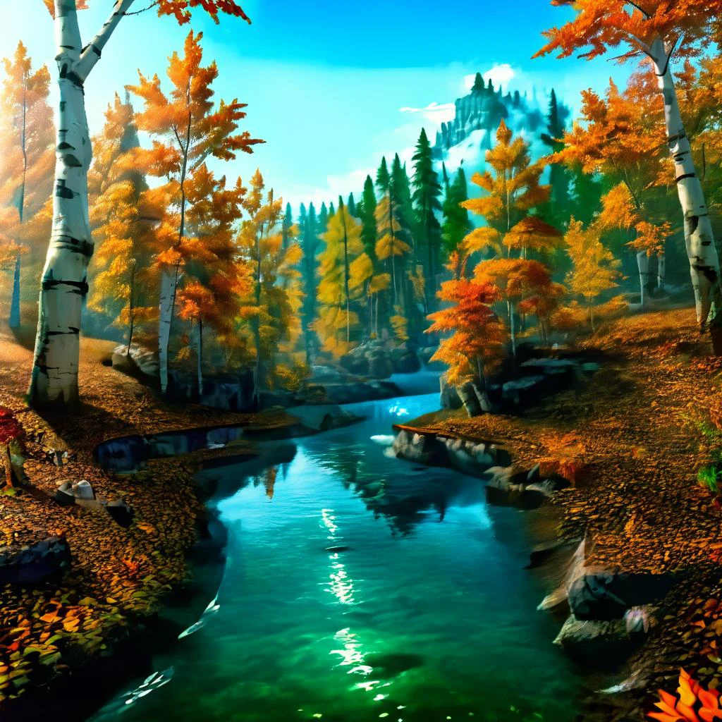 score_9, score_8_up, score_7_up, score_6_up, score_5_up, score_4_up,
skyrimlandscapes, score_9, scenery, tree, outdoors, no humans, sky, day, water, cloud, nature, river, autumn leaves, blue sky, sunlight, forest