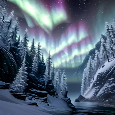 a picture taken from the ground of a snowy mountain with a stream running through it