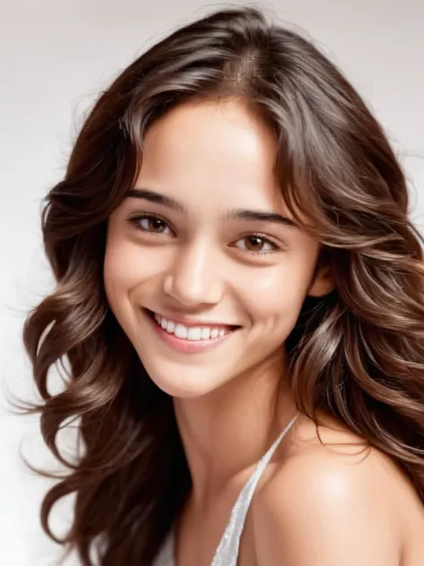 a young woman with long brown hair smiling and wearing a white top