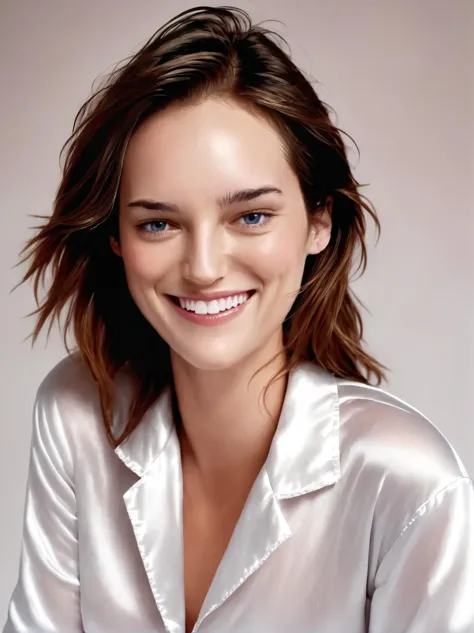 a woman in a white shirt smiling and posing for a picture