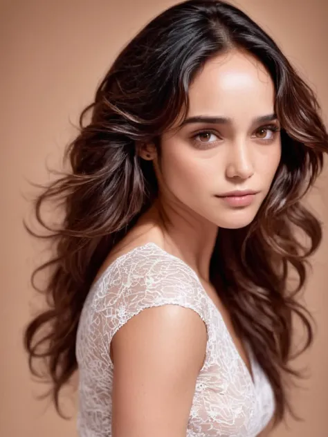 a woman with long hair and a white dress posing for a picture