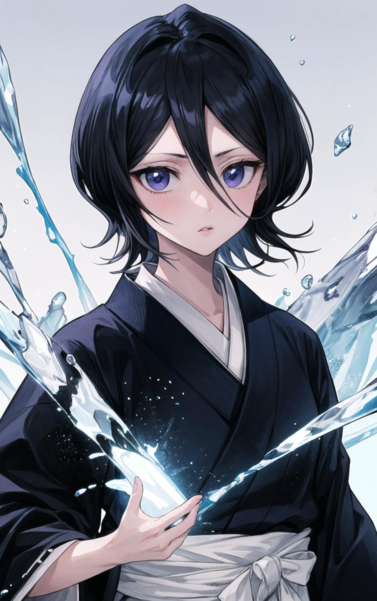 black hair,1girl,short hair,solo,hair between eyes,looking at viewer,blue eyes,japanese clothes,best quality,masterpiece,highres,high quality,black kimono,purple eyes,detailed ice,