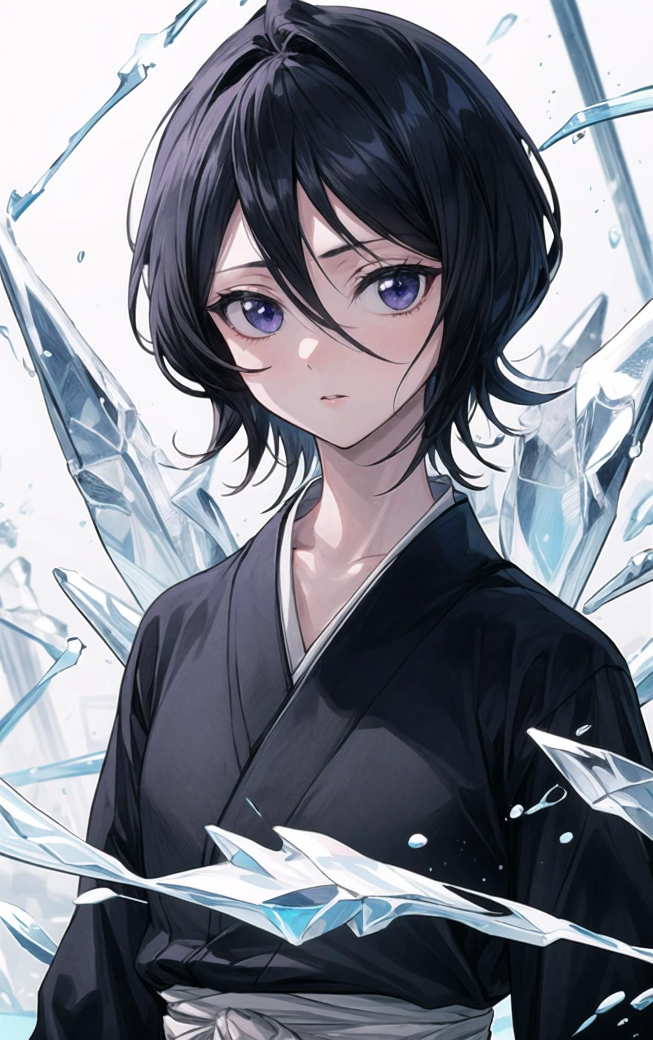 black hair,1girl,short hair,solo,hair between eyes,looking at viewer,blue eyes,japanese clothes,best quality,masterpiece,highres,high quality,black kimono,purple eyes,detailed ice,