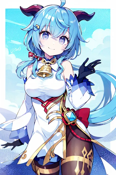 ((masterpiece,best quality)), absurdres,  <lora:Chon33v_Style:0.8>, BREAK, , BREAK, <lora:ganyu_v1:0.7>, aaganyu, blue hair, long hair, low ponytail, ahoge, horns, bare shoulders, neck bell, bodystocking, white dress, gold trim, flower knot, detached sleeves, black gloves, pelvic curtain, thighlet, pantyhose,, BREAK, solo, smile, looking at viewer, cowboy shot,