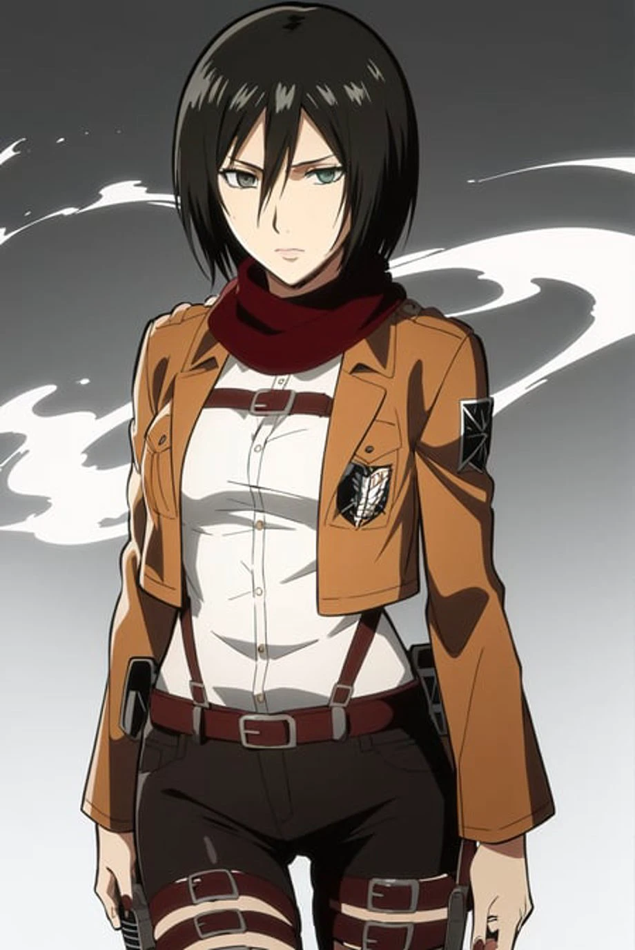 mucho estilo, shingeki no kyojin,

mikasa ackerman,

1 chica, correa para el brazo, golpes, pelo negro, black pantalones, senos, tiro de vaquero, ascuas, ojos verdes, fondo gris, pelo entre los ojos, aprovechar, mangas largas, mirando al espectador, medium senos, pantalones, red Bufanda, Bufanda, camisa, cabello corto, fumar, solo, correa del muslo,  chaqueta cafe, white camisa, cuerpo de encuesta \(emblema\)

, ((Obra maestra)), mejor calidad
, 